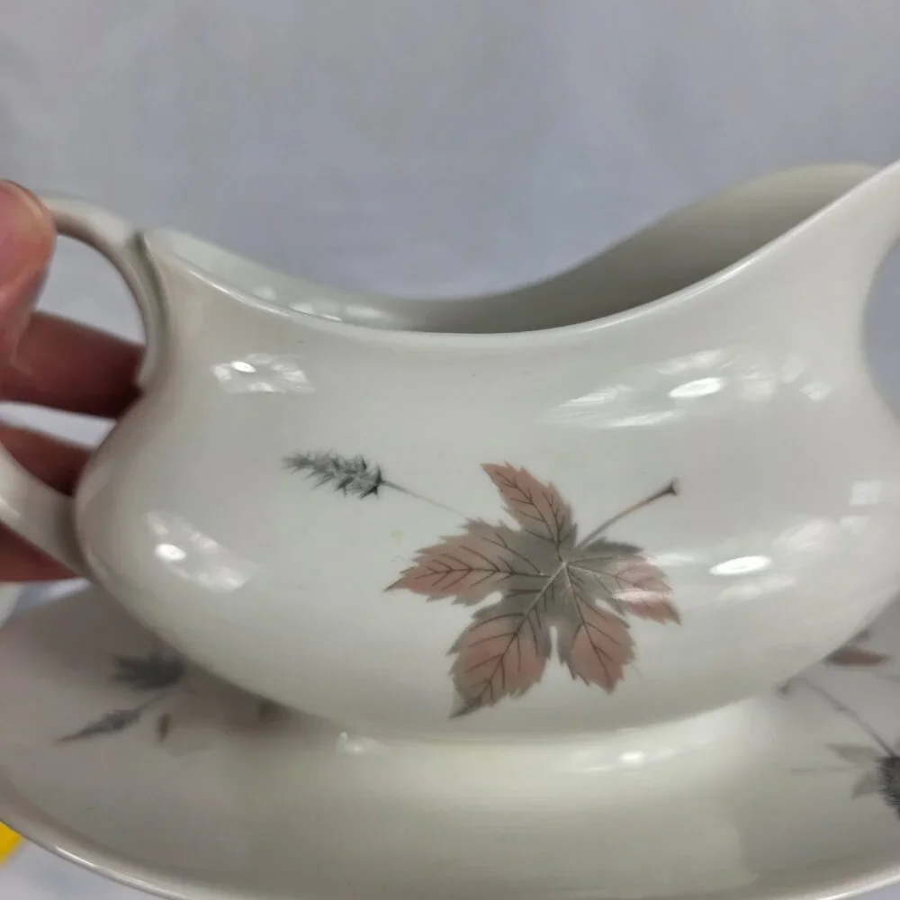Royal Doulton Tumbling Leaves Gravy Boat & Underplate Gray & Pink Leaves